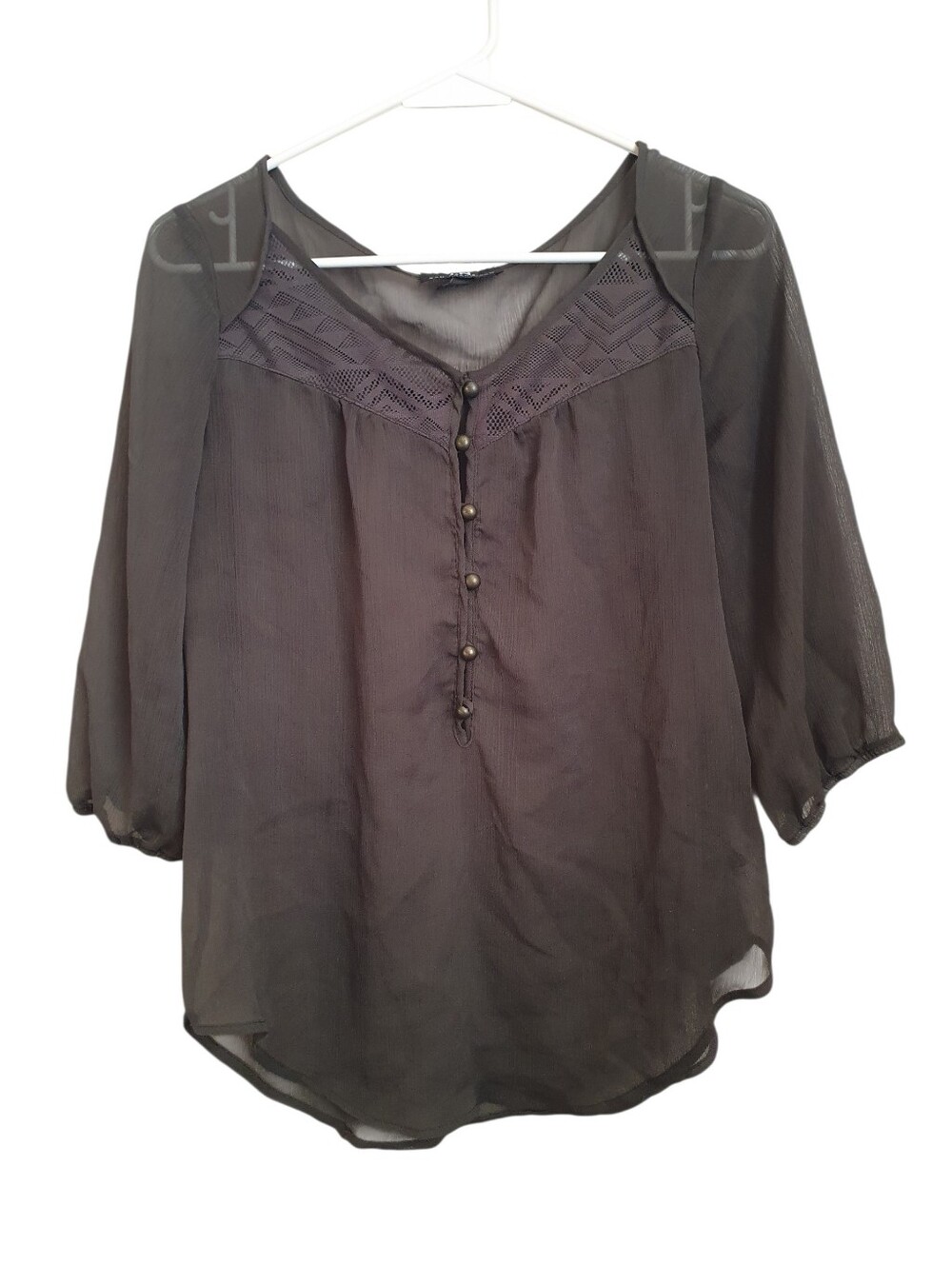 I.N. San Francisco Women's 3/4 Sleeve Sz. M Olive Green Sheer Blouse Button Neck